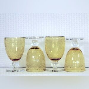 Yellow Bubble Glass Goblets 10oz Hand Blown Glasses with Ball Knob Set of 4